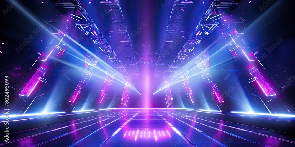 Poster a stage with a blue backdrop and lights. the stage is set for a performance