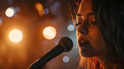 young women singing with a microphone, colorful background with with bokeh