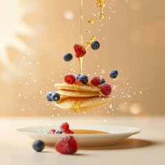 Levitation of homemade classic american pancakes with flying fresh berry and honey. Sweet homemade pancakes with fruits on white plate