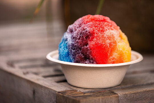 Shave ice - hawaiian shaved ice dessert. Close up of traditional local Hawaii dessert food.
