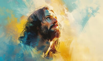Watercolor illustration of Jesus Christ with soft colors and a light blue, yellow and white toned background. The calm front view scene is captured. 