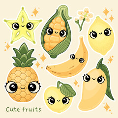 Set of cute yellow fruits stickers. Adorable fruit mascot design. Colorful vector illustration.