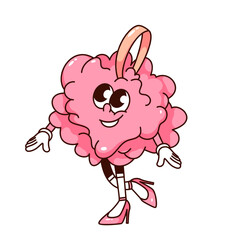 Groovy shower sponge ball cartoon character walking. Funny retro bath sponge girl in pink shoes. Spa tool and hygiene, comic body care mascot, cartoon sticker of 70s 80s style vector illustration