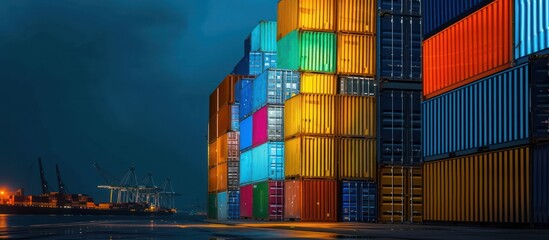 Fototapeta premium a dock with containers at night, with cranes and trucks in the background