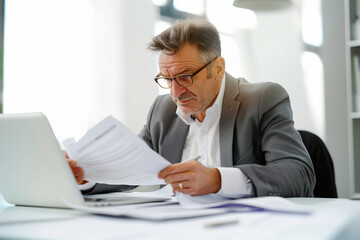 Obraz premium In a bright office setting, a professional investor, a mid-aged mature business man, is captured in a close-up shot, confidently checking bank documents during a team meeting. He e