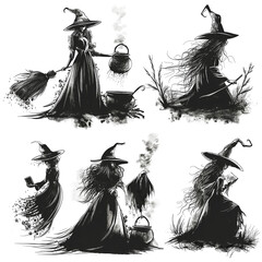 Black and white drawing of Halloween witches, set of contour icons on a white background, idea for holiday design of cards or invitations