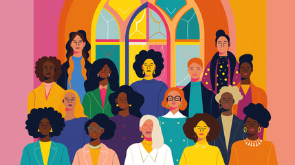  flat illustration of diverse group of women standing together in front of an open church door, symbolizing community and support for all girls. International Women's Day diversity 