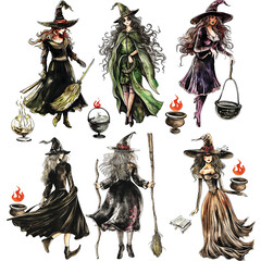 Watercolor drawings of witches, idea of ​​various icons on a white background, the mystical and magical side of Halloween, designs that can be used as stickers