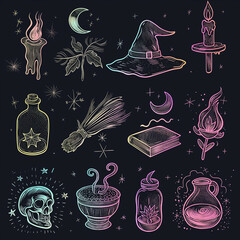 A variety of neon color icons on a dark background, the mystical and magical side of Halloween, designs that can be used as stickers