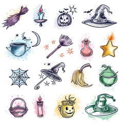 Halloween badges and drawings, set of outline icons on a white background, colorful drawings of different witches, brooms, cauldrons and spell books, idea for the holiday