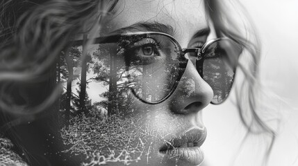 Stunning double exposure of a woman's face in black and white. Digital art. Virtual reality girl wearing glasses. Virtual reality, dream, future technology, game concept.