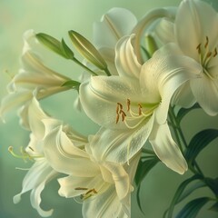 Beautiful Close-up of White Lilies Bouquet with Green Leaves on Solid Green Backdrop