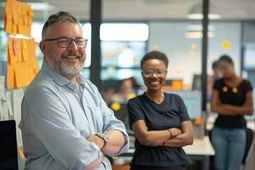 Portrait of a senior businessman with his team in the background at office