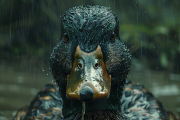 Closeup of a duck swimming in the rain, surrounded by darkness