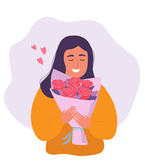 Portrait of a cheerful girl with a bouquet in her hands. Beautiful rose flowers packaged as a gift for a holiday, for a good mood. Vector graphics.