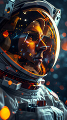Space, travel and face of futuristic astronaut with helmet, neon lights and dark sci fi universe. Galaxy, aerospace mission and person in suit for adventure, research or science thinking with bokeh