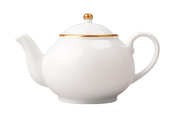 A white tea pot with gold trim sits on a white background, transparent background
