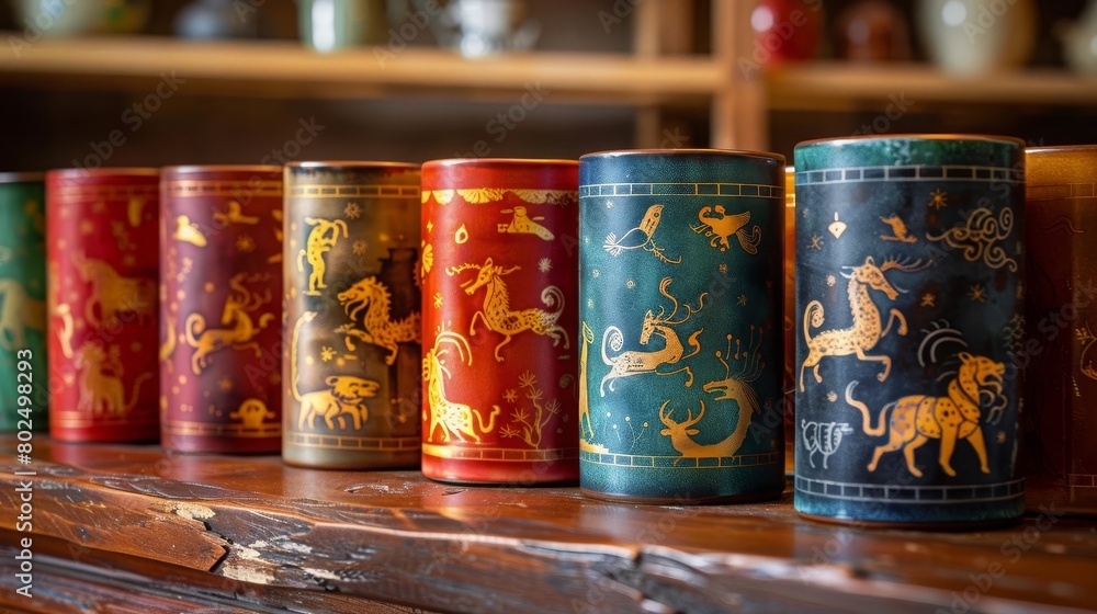 Wall mural thai inspired zodiac silk patterns on a mug, each representing a different animal and its traits