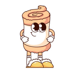 Groovy towel roll cartoon character in cozy bath slippers. Funny retro folded soft terry towel standing with smile, hygiene in bathroom mascot, cartoon sticker of 70s 80s style vector illustration