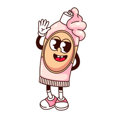 Groovy tube of toothpaste cartoon character waving hand. Funny retro pink package of paste greeting with smile, dental hygiene mascot, cartoon toothpaste sticker of 70s 80s style vector illustration