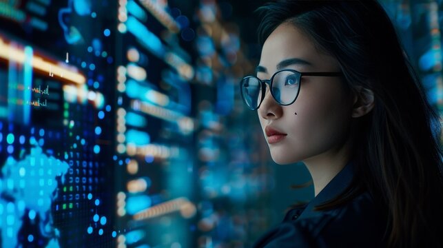 cyber security, programmer, asian female IT specialist analyzing data information technology