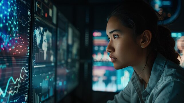 cyber security, programmer, asian female IT specialist analyzing data information technology