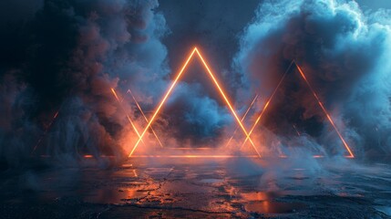 This mockup shows neon blue color geometric triangles on a dark background. Mockup for your logo with a mystical portal. Mockup for your logo with futuristic smoke.