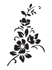 Stencil flowers, bouquet. Black silhouettes of flowers (freesias, tulips, alstroemeria and forget-me-nots) highlighted on a white background. Vector illustration
