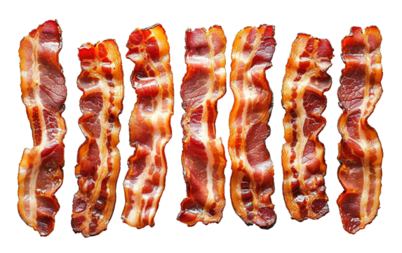 Slices of fresh fried bacon isolated on white or transparent background