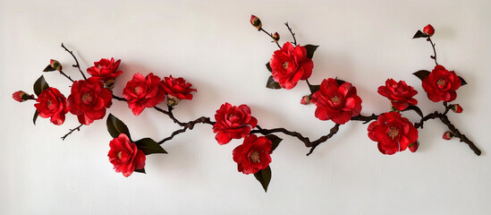 A single branch of camellia flowers gracefully arranged against a pristine white backdrop, each...