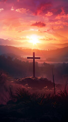 cross at bright sunset, concept of christianity that every life comes to an end, created with generative AI technology