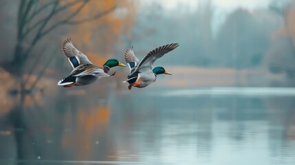two mallard ducks, flying over a lake 