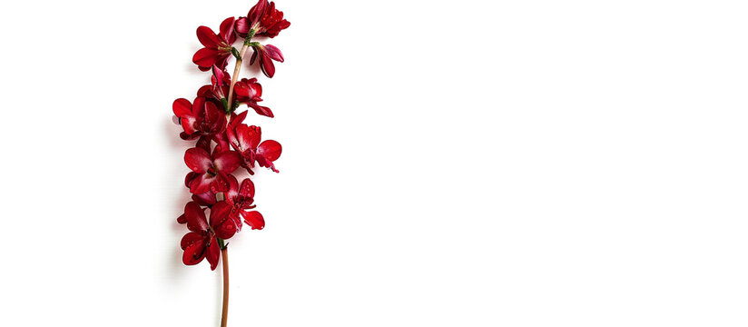 A solitary stem of crimson cyclamen flowers, arranged vertically to create a stunning visual against a backdrop of pure white, all captured in breathtaking high resolution..
