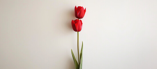  A solitary stem of scarlet tulips, arranged vertically to highlight their vibrant color against a backdrop of clean white, all captured in stunning 32k resolution.
