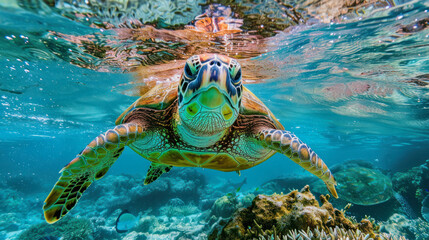 the green turtle swimming underwater