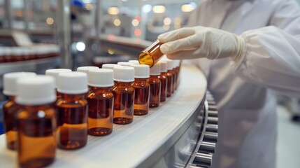 Pharmaceutical medicine bottles on a production line conveyor belt, drug manufacturing facility