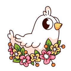 Groovy cartoon white bird sitting in wild flowers. Funny retro bird with romantic blossom decoration. Summer and spring life, nature mascot, cartoon sticker of 70s 80s style vector illustration