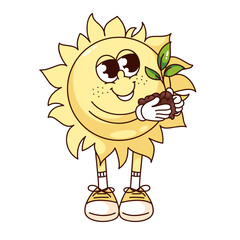Obraz premium Groovy sun cartoon character holding soil with sprout. Funny retro happy sun taking care for plant with leaf. Ecology, sustainability mascot, cartoon sticker of 70s 80s style vector illustration