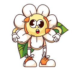 Groovy daisy flower cartoon character with expression of surprise on face. Funny retro shocked flower with leaf and sneakers, save nature mascot, cartoon sticker of 70s 80s style vector illustration