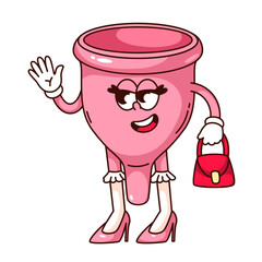 Groovy menstrual cup cartoon character with hand bag and pink shoes. Funny retro eco menstrual cup waving, feminine hygiene product mascot, cartoon sticker of 70s 80s style vector illustration