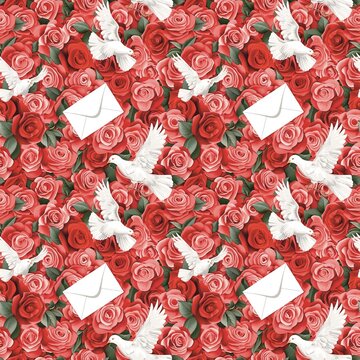 red roses background a bouquet of red roses for Valentine's Day, an envelope with a white dove in it. Love letters are very beautiful. Seamless fabric pattern, textile, handicraft, art work,	
