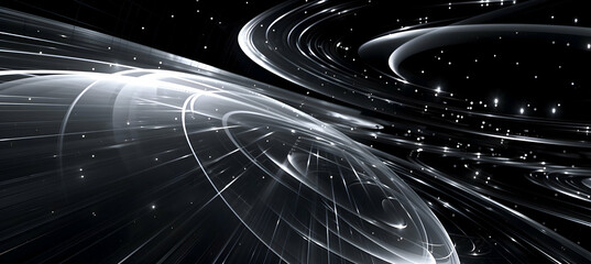 An HD image of abstract geometry featuring circular forms and elliptical orbits in a space-like black background