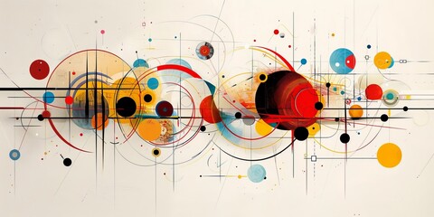 Obraz premium Dynamic abstract art featuring colorful circles and geometric lines on a minimalist white background, expressing motion.