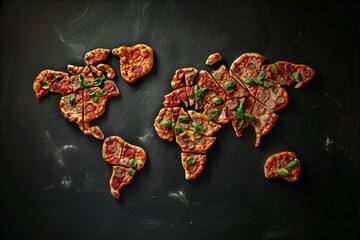map of the world made of pizzas on black background