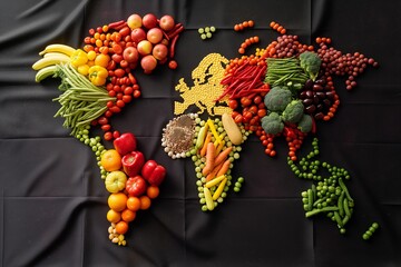 map of the world made of raw vegetables on black background