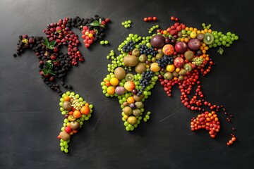 map of the world made of fruit on black background