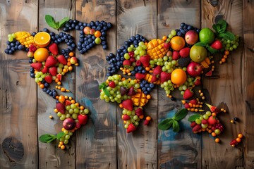 map of the world made of fruit on wooden board background