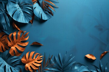 monstera plant blue and copper bicolored on turquise background with copy space