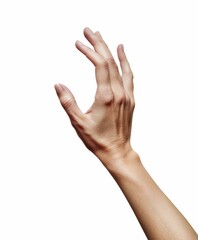 An isolated female human hand reaching out, expressing a gesture of openness and need. Woman. White background. 