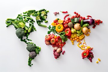 map of the world made of raw vegetables on white background